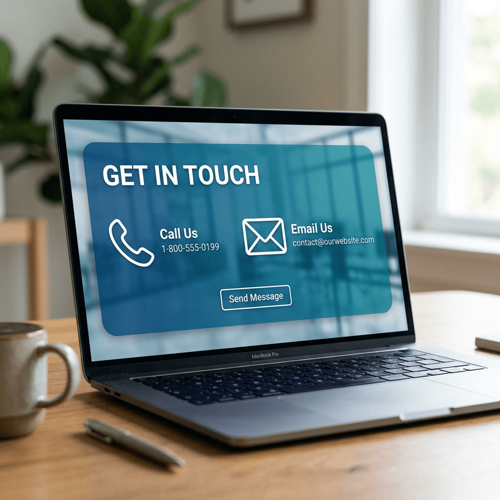 Contact form on laptop screen with phone number and email address